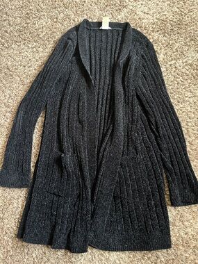 Black Ribbed Open-Front Women's Sweater Cardigan